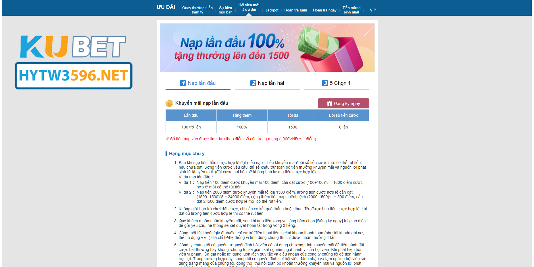 Nhận thưởng 100% cho lần nạp đầu khi đăng ký Kubet tại Hytw3596